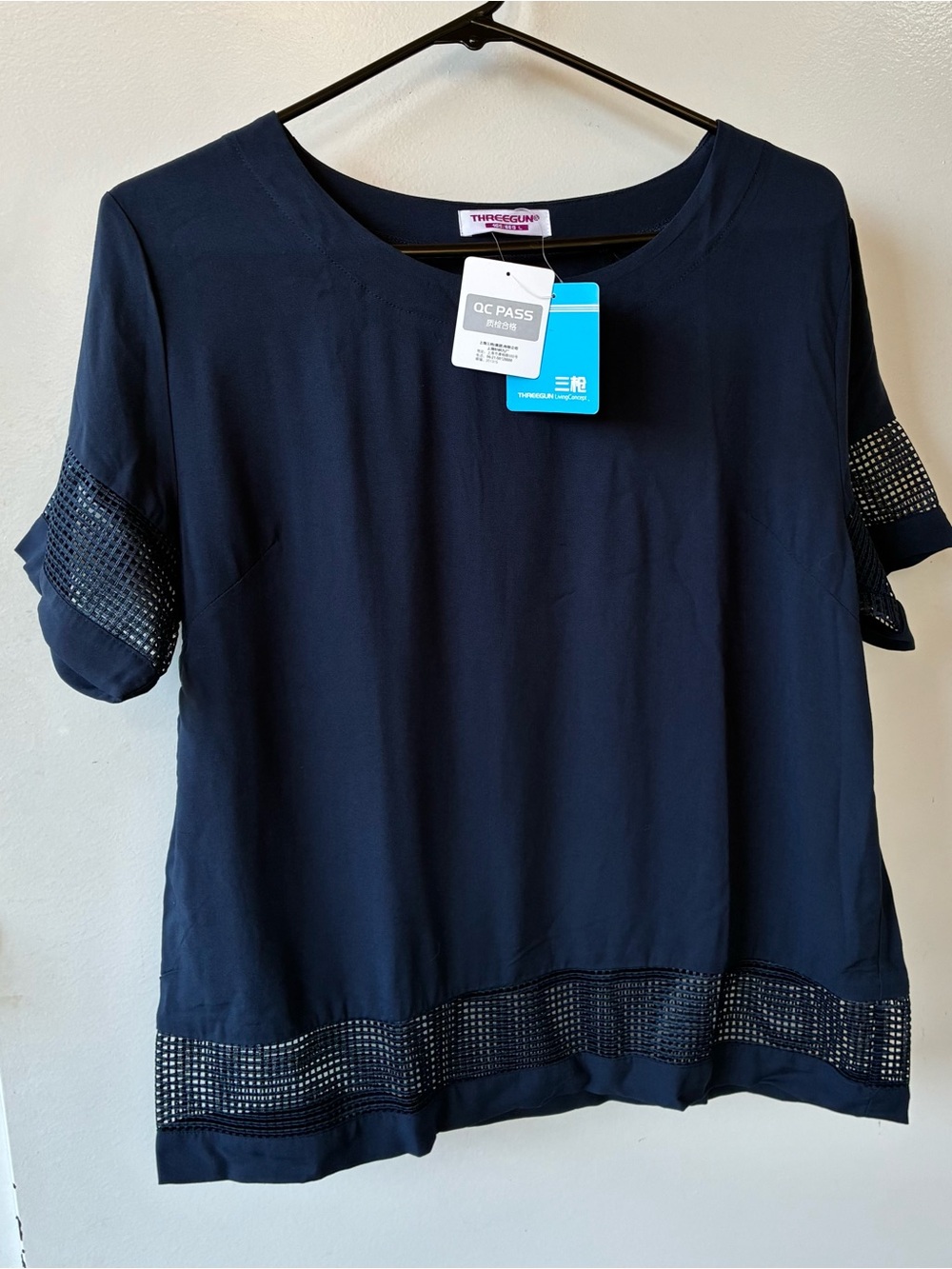 Threegun Navy Short Sleeve Women's Top with Mesh Trim